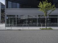 an empty street next to a building with glass windows and a tree in front of it