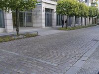 an empty street with a person walking on the sidewalk near some trees and shrubs in front of a building