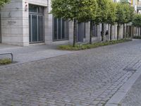 an empty street with a person walking on the sidewalk near some trees and shrubs in front of a building