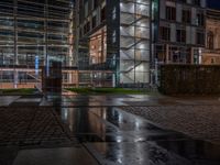 Berlin's Urban Nightscape: A Wet Cobblestone Path