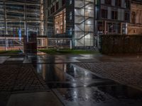 Berlin's Urban Nightscape: A Wet Cobblestone Path