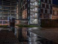 Berlin's Urban Nightscape: A Wet Cobblestone Path