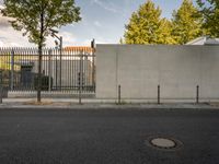 the building has a large white wall with four trees on the sidewalk in front of it