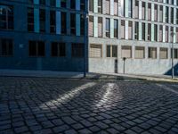 a fire hydrant stands in a cobblestone street with many buildings around it