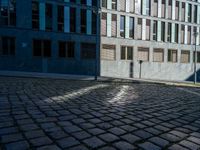 a fire hydrant stands in a cobblestone street with many buildings around it