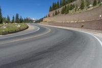 two motorcycles and a motorcycle are going past a curve on a road near a forest