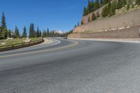 two motorcycles and a motorcycle are going past a curve on a road near a forest