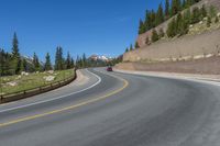 two motorcycles and a motorcycle are going past a curve on a road near a forest