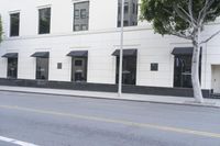 a tree is next to a building with windows and black awnings on it