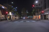 empty street near palm trees at night with shopfronts and red traffic lights along the side