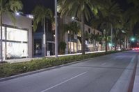 street in a shopping mall at night with palm trees and cars passing by it by