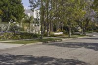 a man on a skateboard in the middle of a residential street with trees in the background