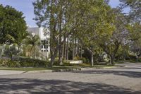 a man on a skateboard in the middle of a residential street with trees in the background