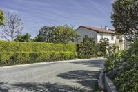 a driveway with plants and bushes along side it, next to a house with a red roof,