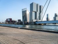 people ride bikes on a path over a river towards some city buildings with skyscrapers