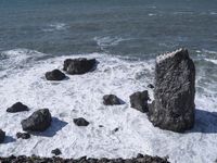 large black rocks next to the ocean with surf crashing onto them and a few birds perched on one rock