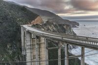 large bridge over ocean surrounded by a long cliff with trees and plants on both sides