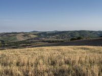 a bike is parked in the middle of a field near the hillside of a hilly country side