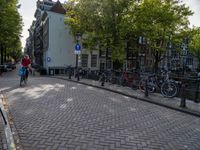 bike racks line a road with parked bicycles in the distance on an old brick road