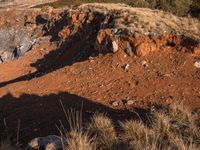 a man riding his bike down a dirt trail with rocks and grass on either side