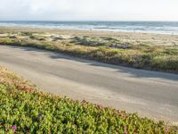 a person on a bike in the middle of the road looking out to the ocean