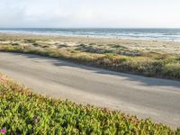 a person on a bike in the middle of the road looking out to the ocean