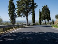 a couple of bikers are riding down the road near some trees and bushes and hills