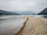 birds walking on the shore line of a calm beach with mountains in the background, during an overcast, dark, cloudy day