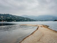 birds walking on the shore line of a calm beach with mountains in the background, during an overcast, dark, cloudy day