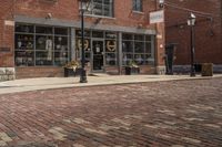 a black and white fire hydrant on a brick road next to buildings with lots of windows