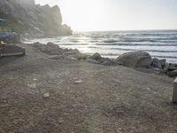 a black dog lying on top of a beach next to the ocean on top of rocks