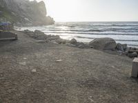 a black dog lying on top of a beach next to the ocean on top of rocks