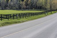 a black horse standing by the side of the road in front of a fenced in pasture