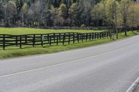 a black horse standing by the side of the road in front of a fenced in pasture