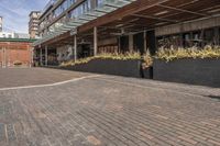 black potted planters sitting on the brick walkway outside a restaurant with tall buildings in the background