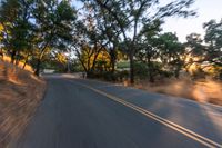 a blurry image of a highway surrounded by trees and a grass field with trees on either side