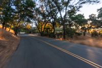 a blurry image of a highway surrounded by trees and a grass field with trees on either side