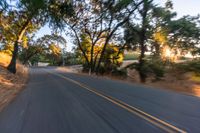 a blurry image of a highway surrounded by trees and a grass field with trees on either side