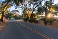 a blurry image of a highway surrounded by trees and a grass field with trees on either side