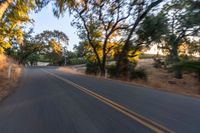 a blurry image of a highway surrounded by trees and a grass field with trees on either side