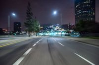 blurred road view at night with city lights and clock tower in background with green trees