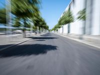a photo that has some blurry trees in it on the street and in the middle