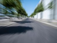 a photo that has some blurry trees in it on the street and in the middle