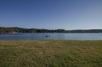 a boat floating on the water while in the grass near shore fenced area on the other side