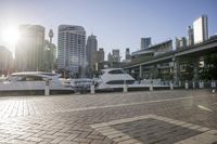 many boats are docked in the port in the city on a sunny day with skyscrapers