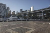 many boats are docked in the port in the city on a sunny day with skyscrapers
