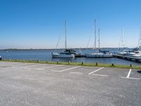 several boats are docked on the water next to the shore line of the marinas