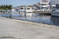 boats in the harbor, with a boat dock on either side of it and a boat ramp to the right