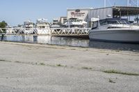 boats in the harbor, with a boat dock on either side of it and a boat ramp to the right