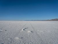 a big white desert with tracks in the sand and mountains in the background, with two footprints imprint on the ground